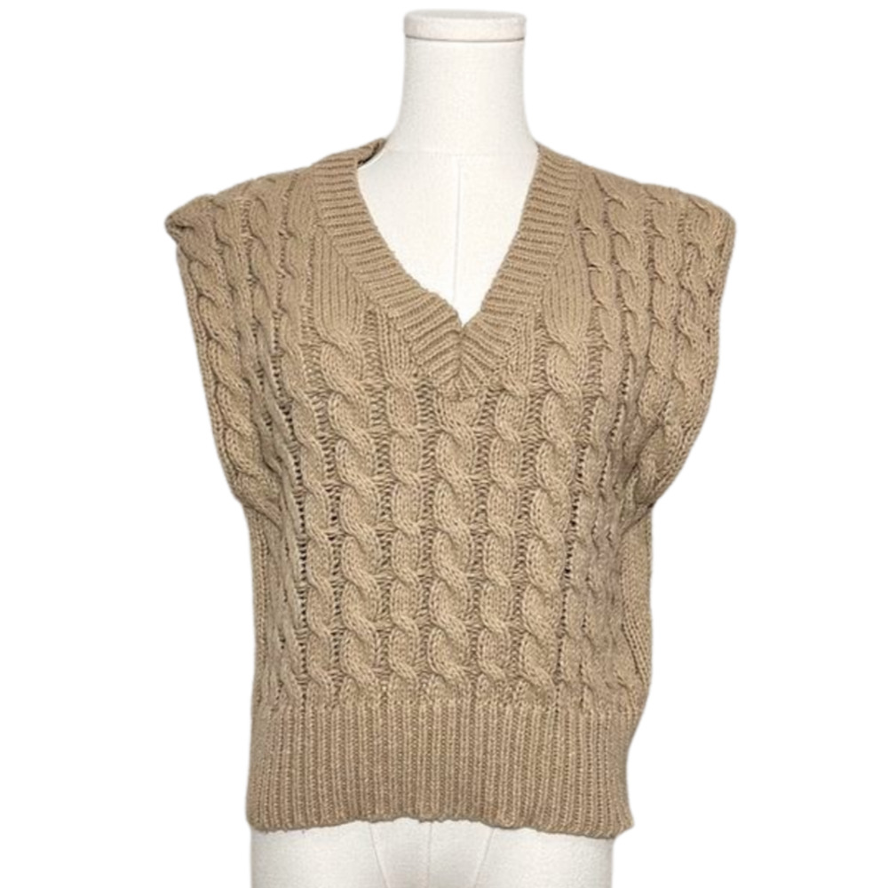 Very J Camel Cable Knit V Neck Sleeveless Sweater Vest Large Preppy